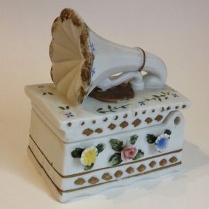 Phonograph Toothpick Holder Vintage Trinket Jewelry Box Unique Ceramic Floral